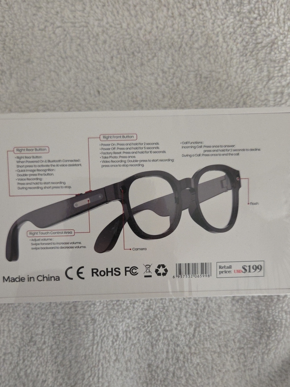 Wireless Camera Smart Glasses - Black
